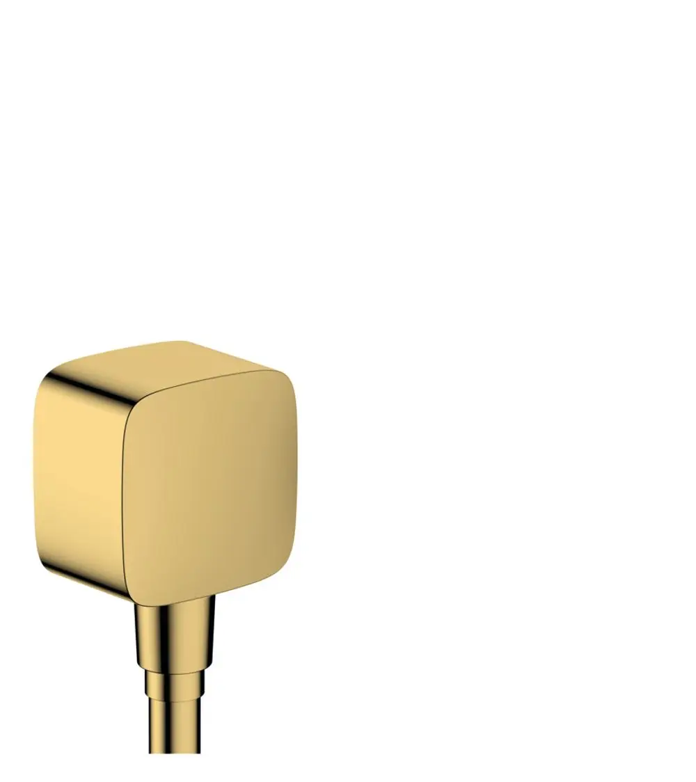 Wandanschluss in geometrischer Form, glänzende goldene Oberfläche. Hansgrohe-Produkt mit Anschluss für Wasserleitungen und Rückflussverhinderer.
